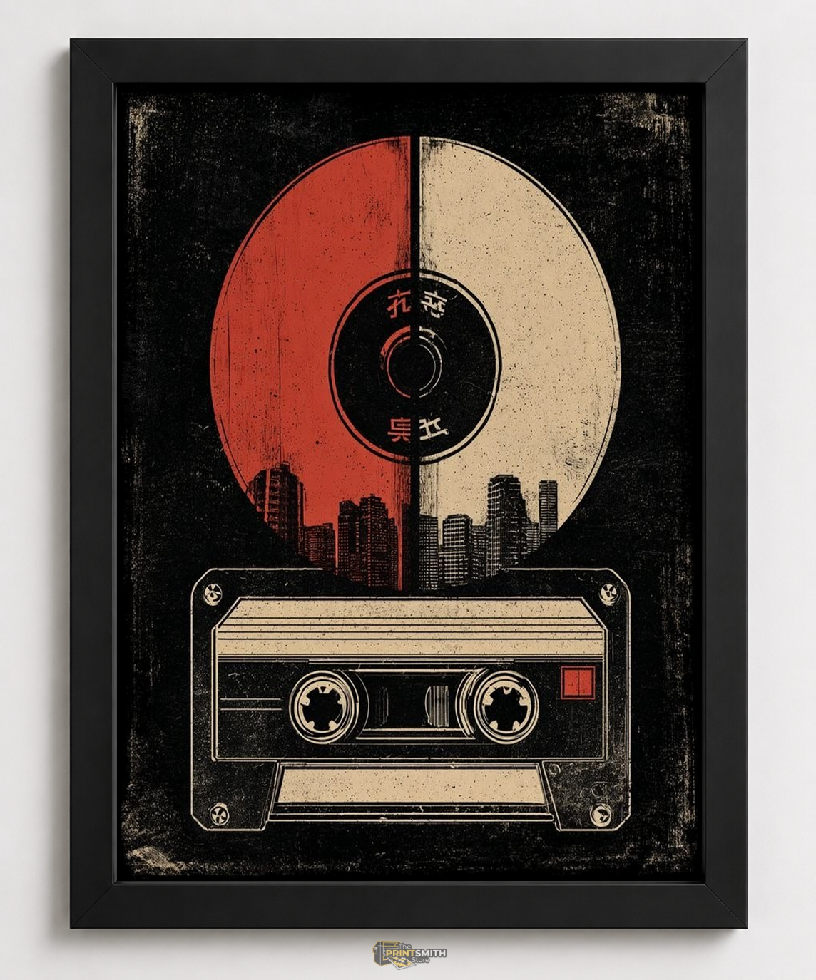 Retro Cassette Cityscape Art Frame — Framed Print