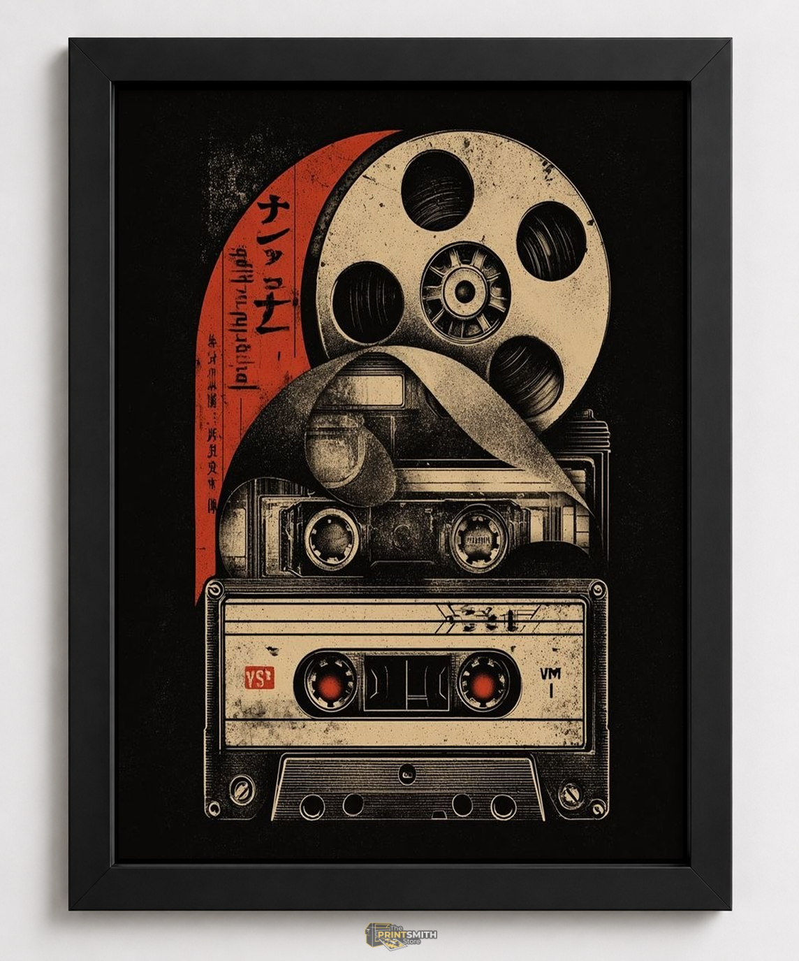 Retro Cassette & Film Reel Art Print Frame — Framed Print
